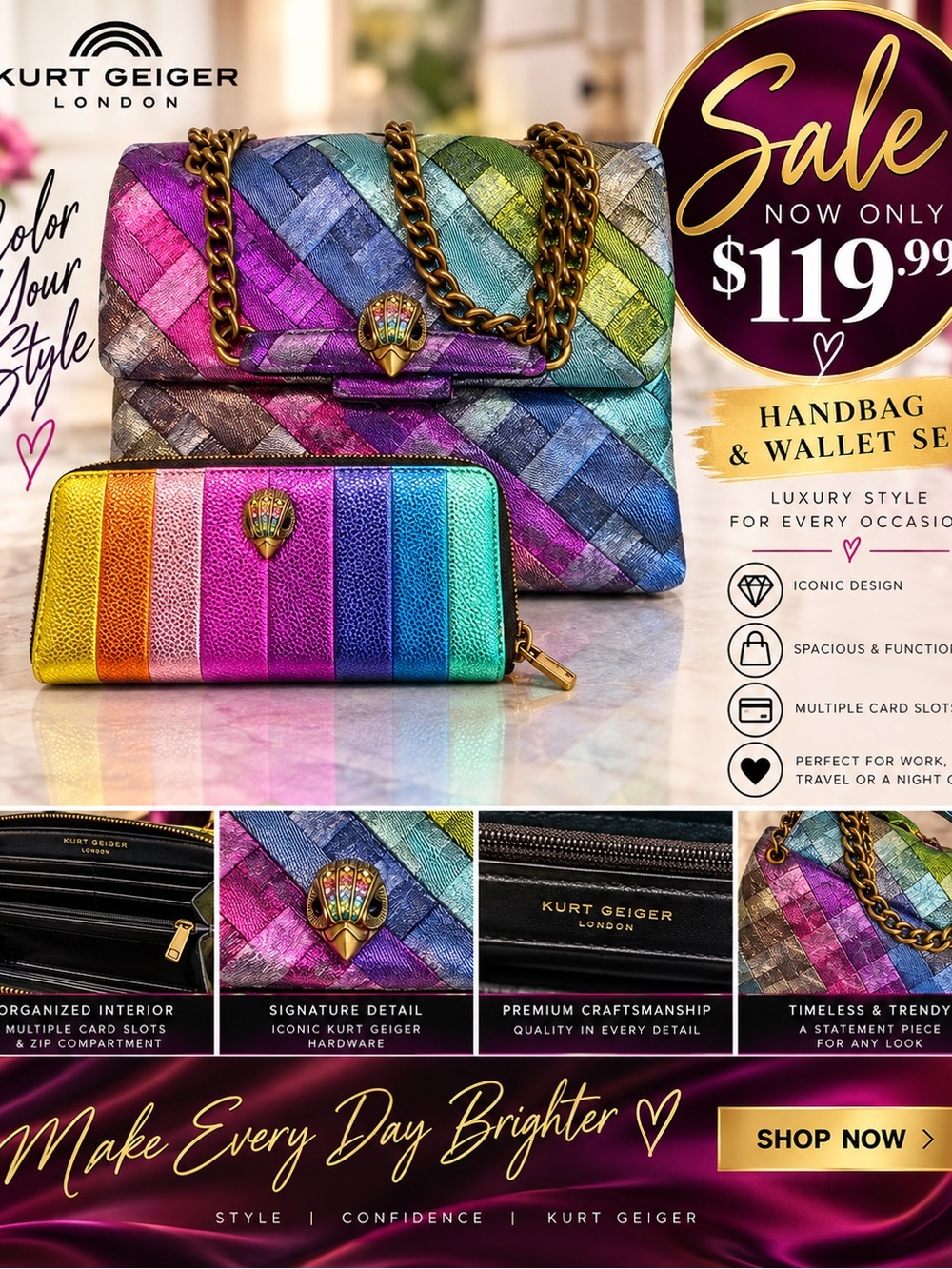 Kurt Geiger Multicolor Rainbow Woven Shoulder Bag & Matching Wallet Set